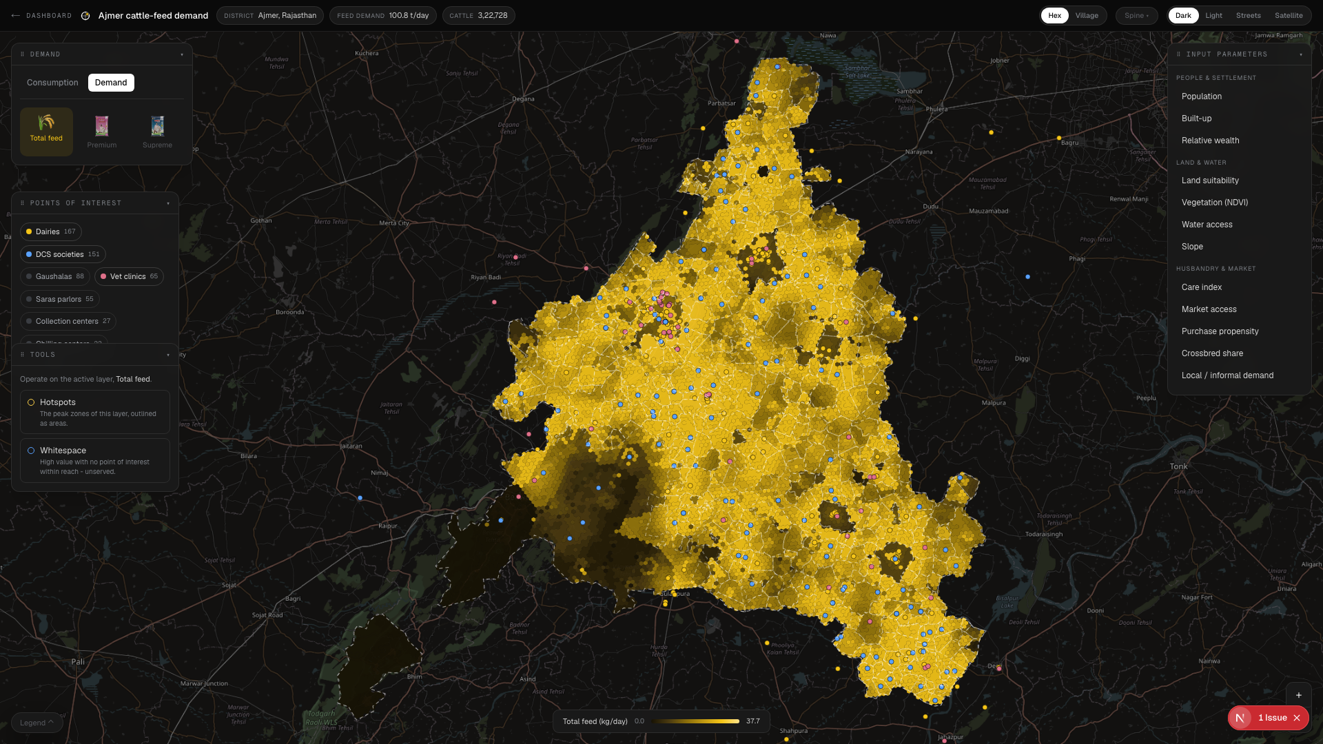 The Cartesian platform: a live demand study on a dark map with layers, value-chain points and map tools